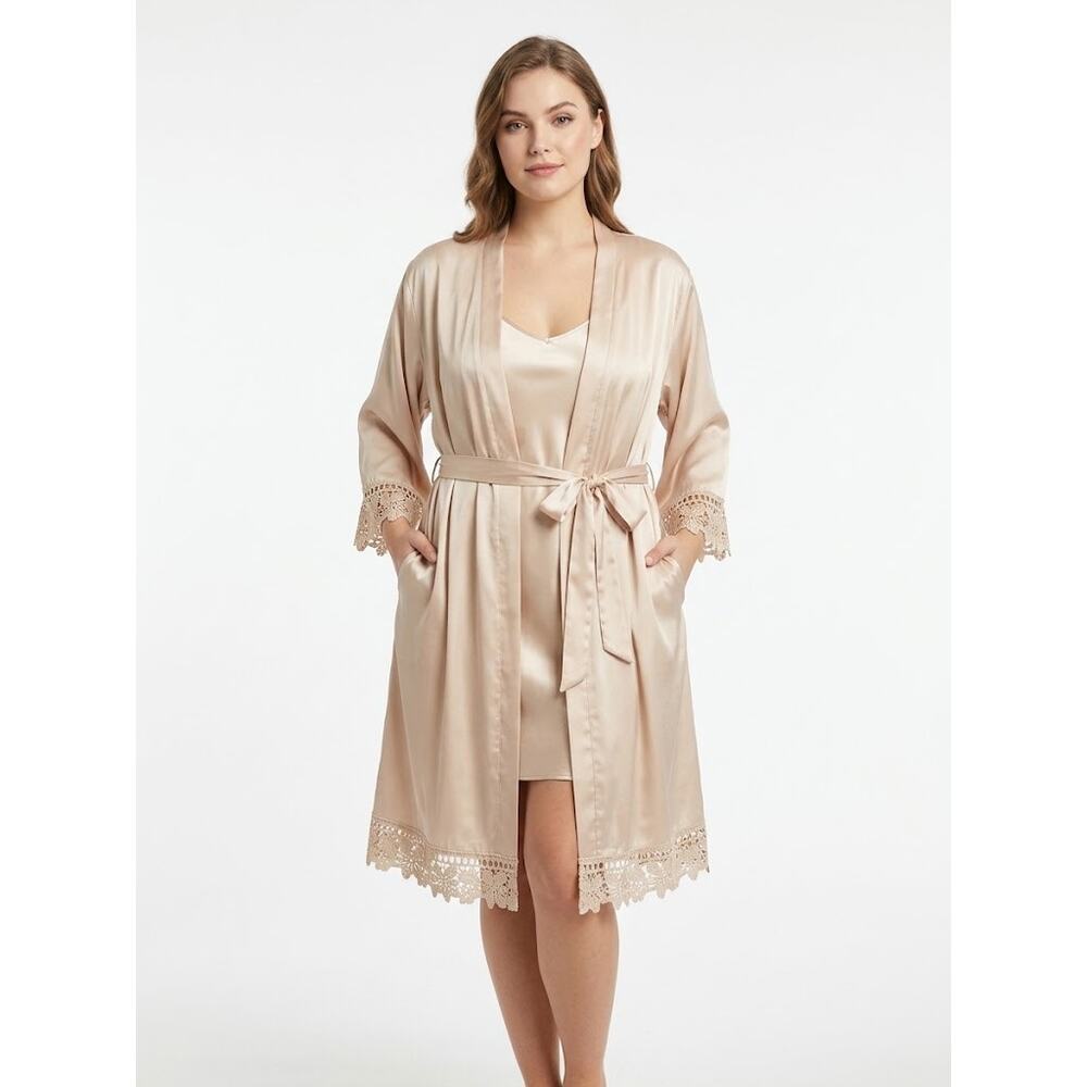 LE ROSE Champagne Color Satin-Like Midi Robe Crocheted Floral Trim Large-XL